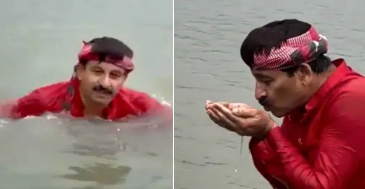 নদীতে ডুব দিয়ে পানি খাওয়ার পর যমুনাকে ‘দূষণমুক্ত’ বললেন বিজেপি নেতা
